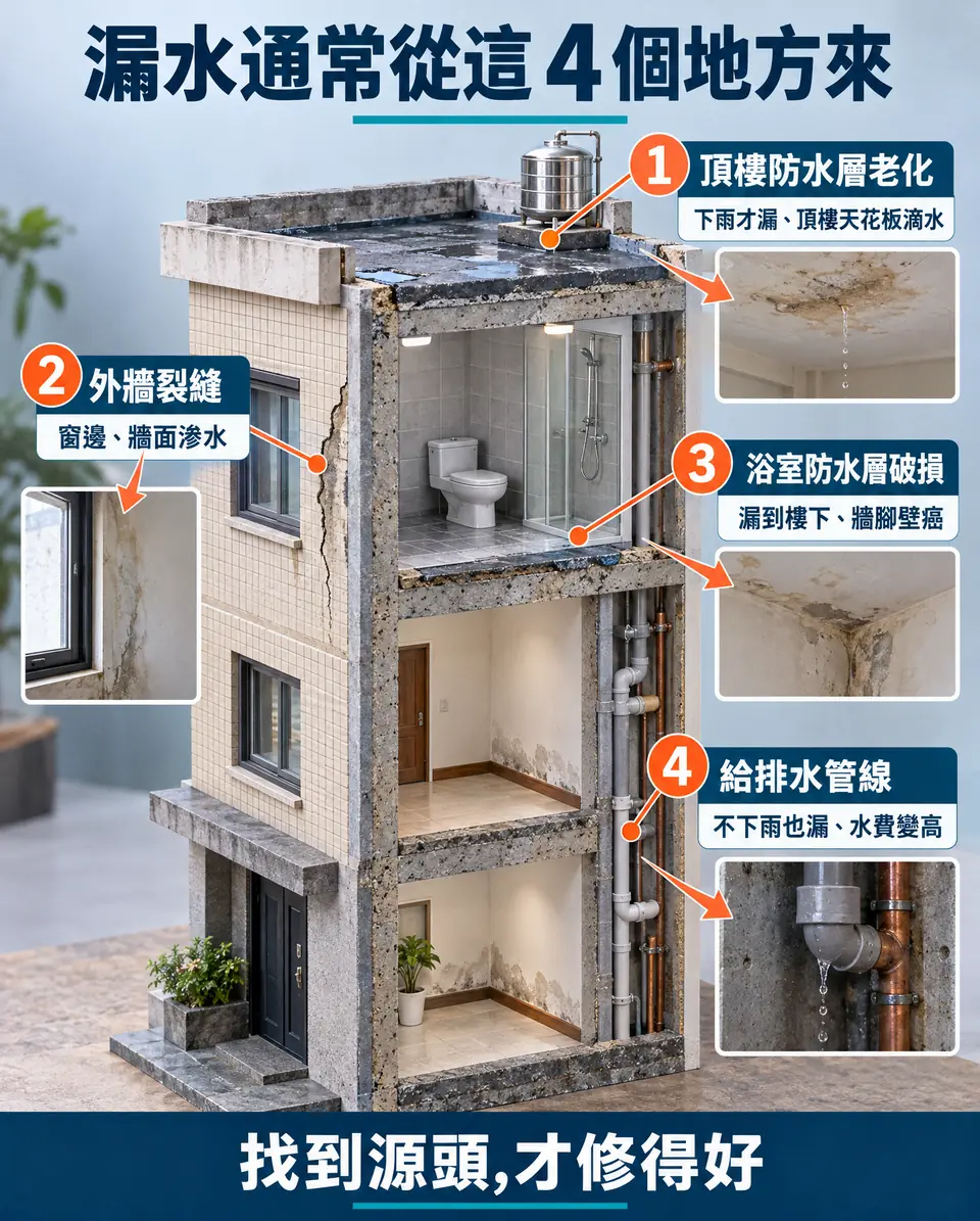 房屋剖面圖:頂樓防水層老化、外牆裂縫、浴室防水層破損、給排水管線,四個常見漏水來源