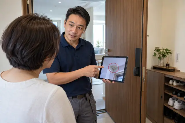 師傅拿平板照片跟屋主說明漏點